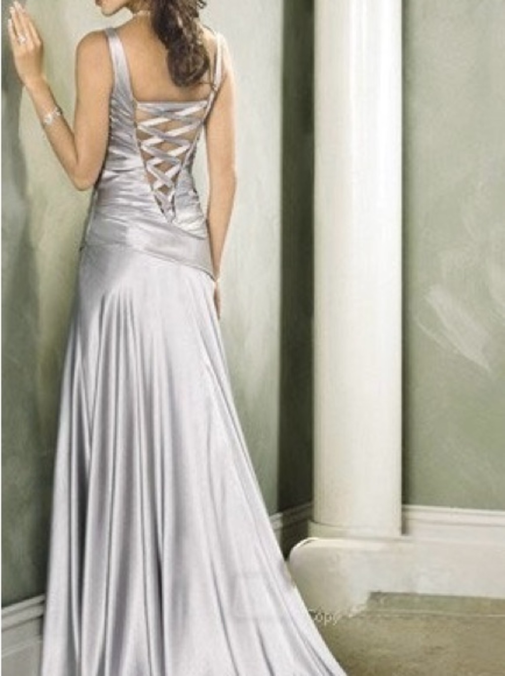 Backless Silver Satin Evening Dress with Lace-Up Back
